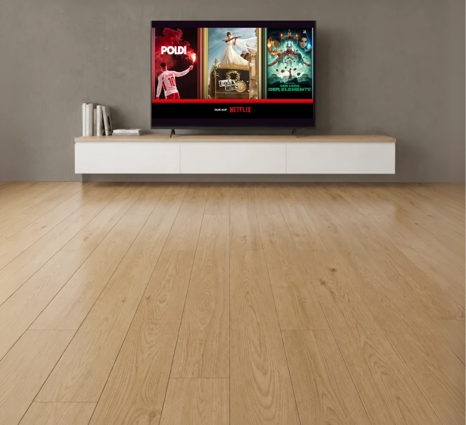 Ein Fernseher zeigt das Programm von Netflix mit der Info Nur auf Netflix