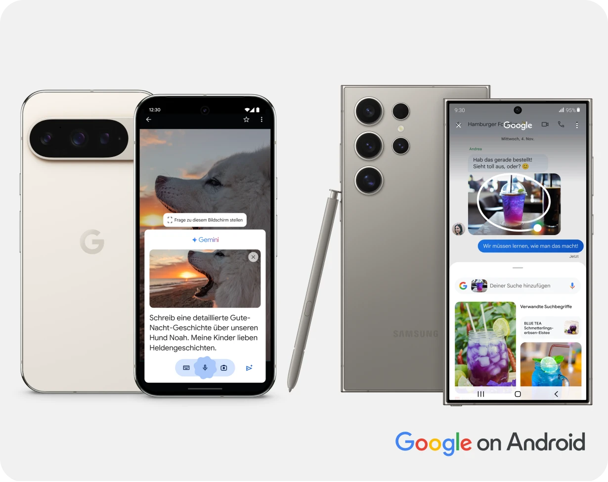 Pixel- und Samsung-Smartphones mit Android und Google-Funktionen wie Gemini und Suche in Bildern.