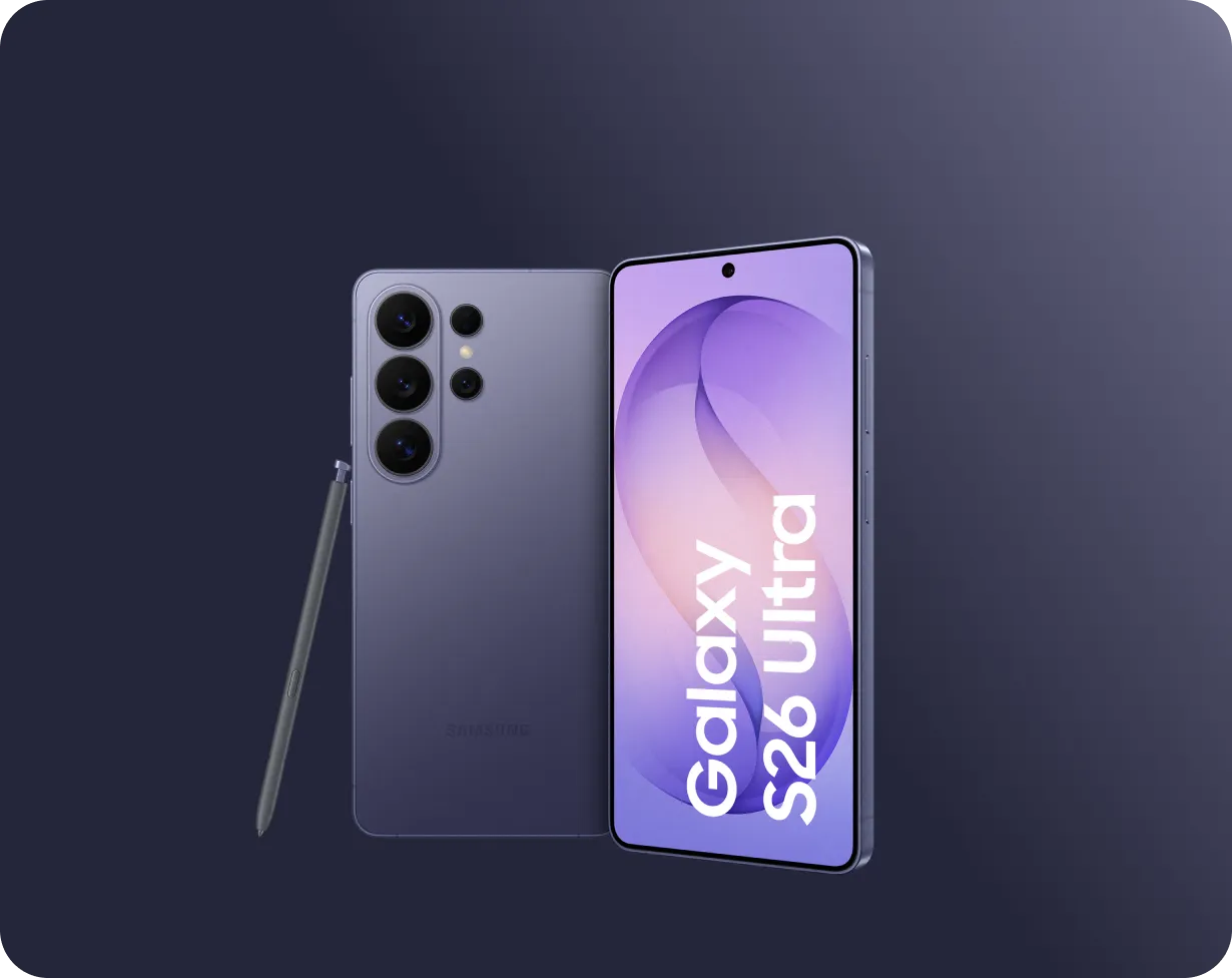 Samsung Galaxy S26-Serie mit vier Geräten und Eingabestift.