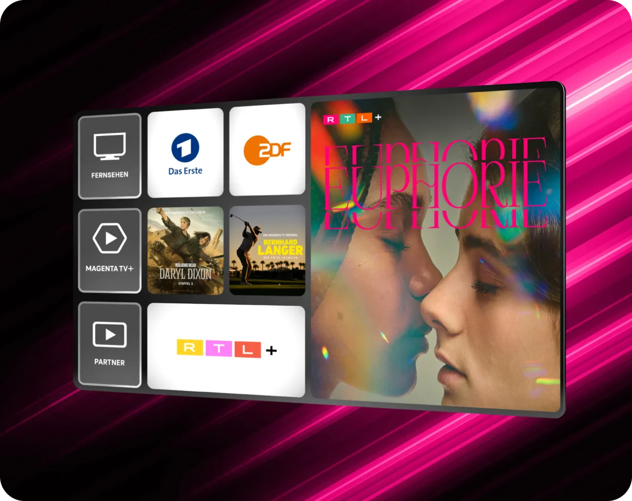 Beispiele für verfügbare Inhalte auf MagentaTV Smart: Das Erste, ZDF, RTL+, Daryl Dixon, Bernhard Langer und Euphorie