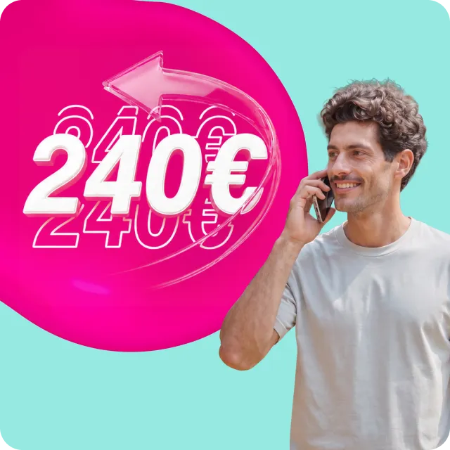 Mann telefoniert und freut sich über 240 € Cashback