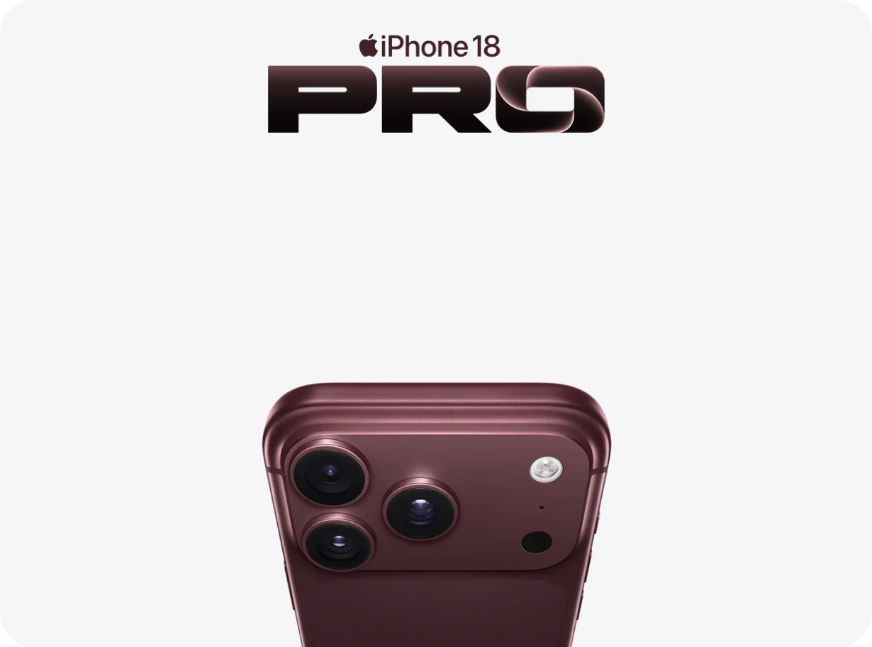 Der Schriftzug iPhone 18 Pro, daneben die Nahaufnahme der Kamera eines iPhone 18 Pro in Burgunder.