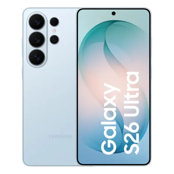 Samsung Galaxy S26 Ultra in Sky Blue, Vorder- und Rückansicht