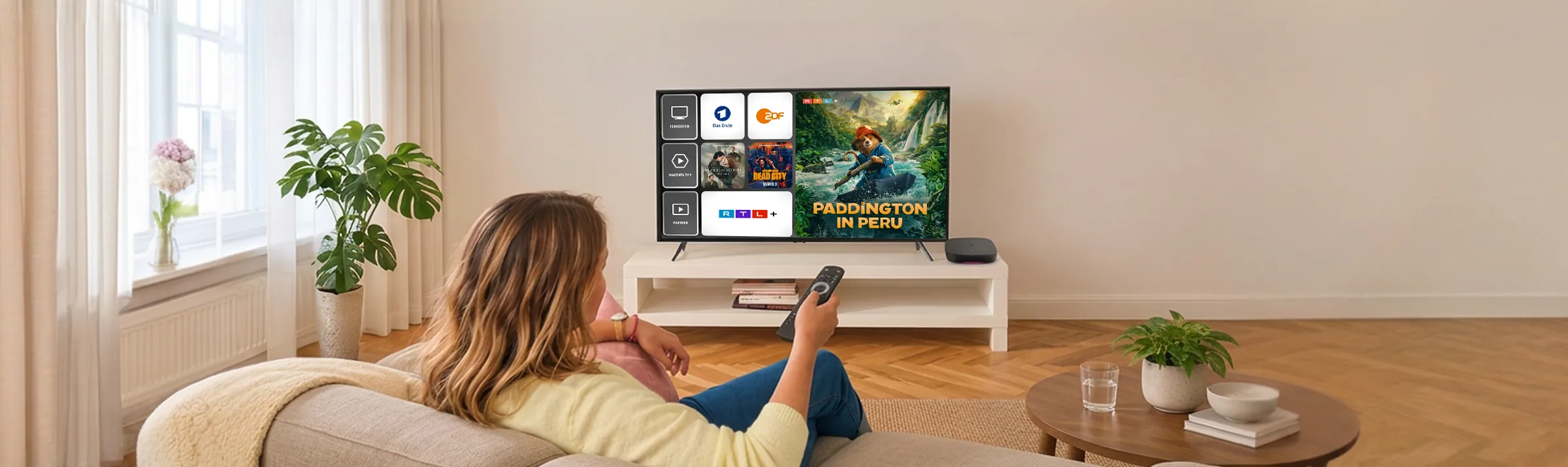 Frau liegt auf dem Sofa und bedient mit der Fernbedienung MagentaTV, auf dem Fernseher läuft Paddington in Peru