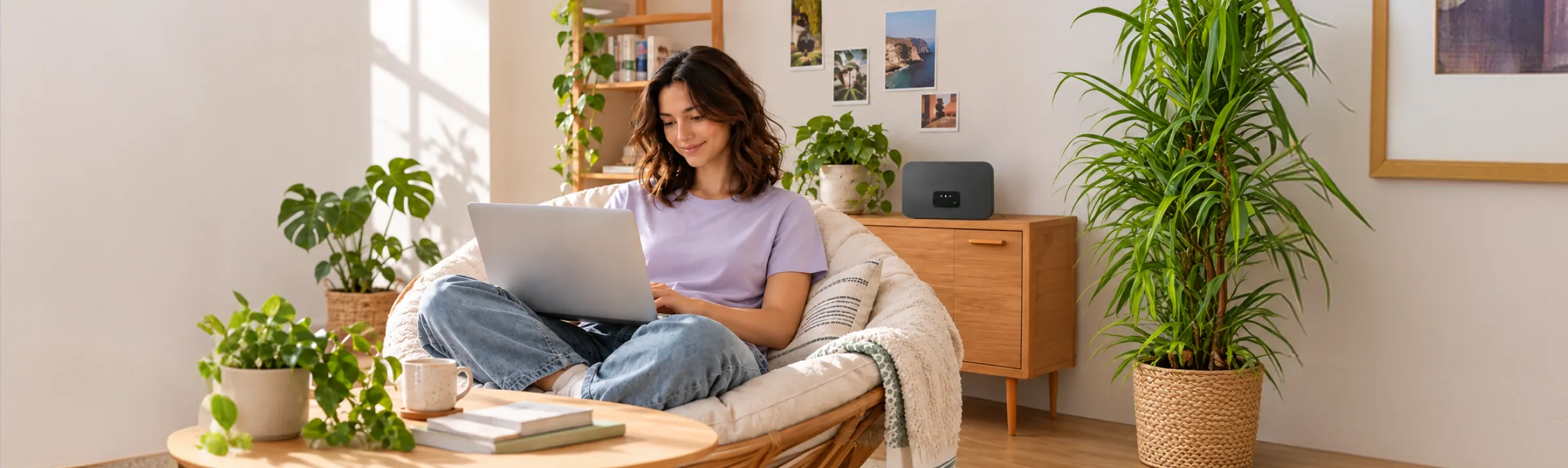 Junge Frau sitzt mit Laptop in einem Korbsessel, im Regal dahinter steht ein WLAN-Router