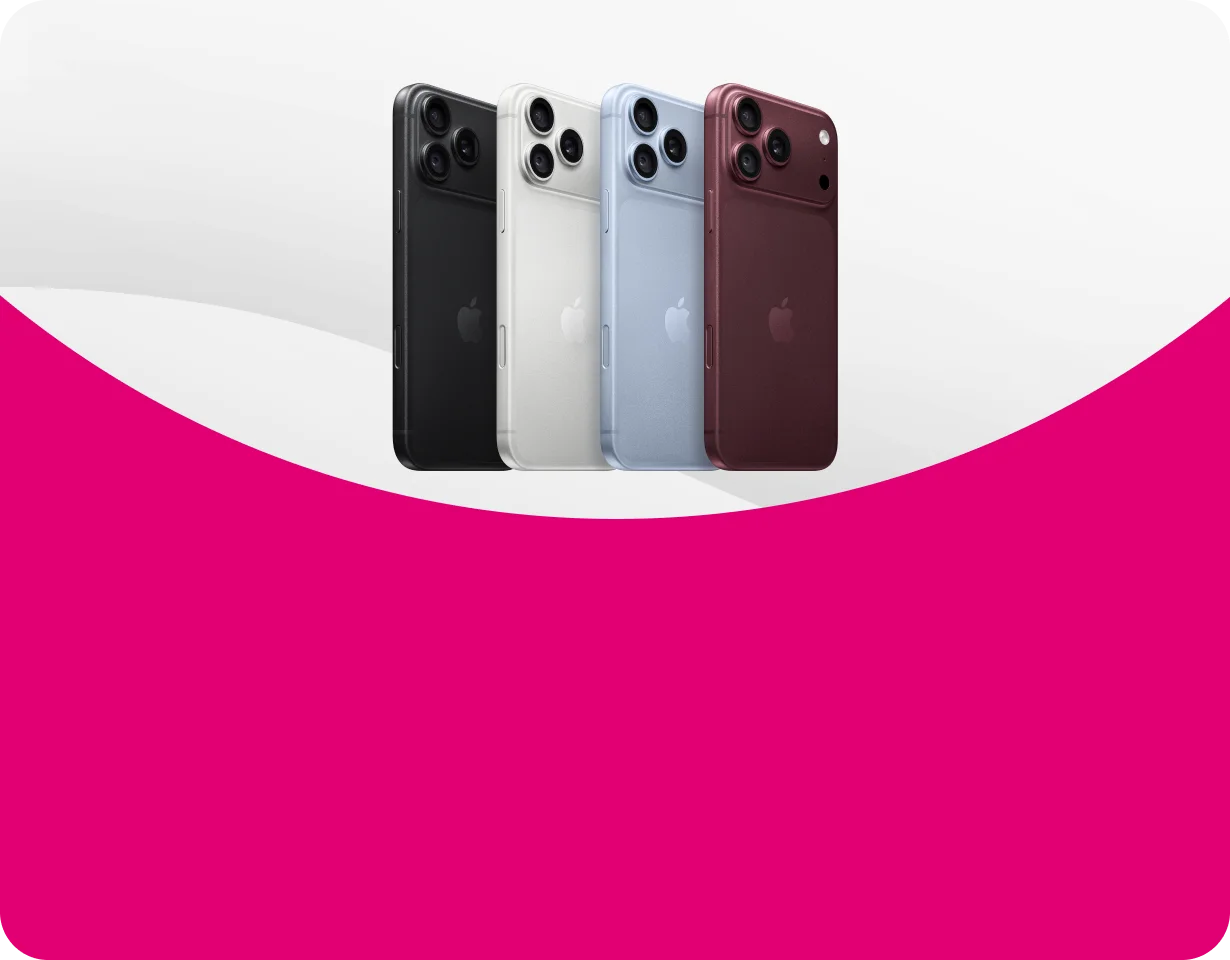 Vier iPhone 18 Pro in Schwarz, Silber, Blau und Bordeaux vor magenta Hintergrund