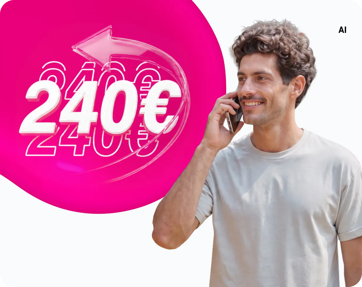 Lächelnder Mann mit Smartphone am Ohr neben der Grafik „240 €“ auf Magenta-Hintergrund