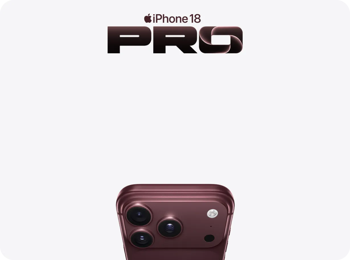 Der Schriftzug iPhone 18 Pro, daneben die Nahaufnahme der Kamera eines iPhone 18 Pro in Burgunder.
