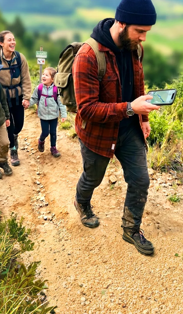 Familie beim Wandern, der Vater schaut auf sein Smartphone