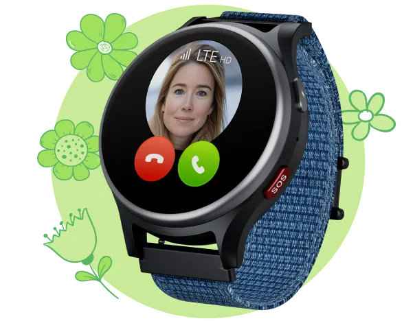 Kinderuhr mit GPS Anio 6 in silber mit blauem Armband. Auf dem Display die Anzeige eines eingehenden Anrufs von 'Mama'.