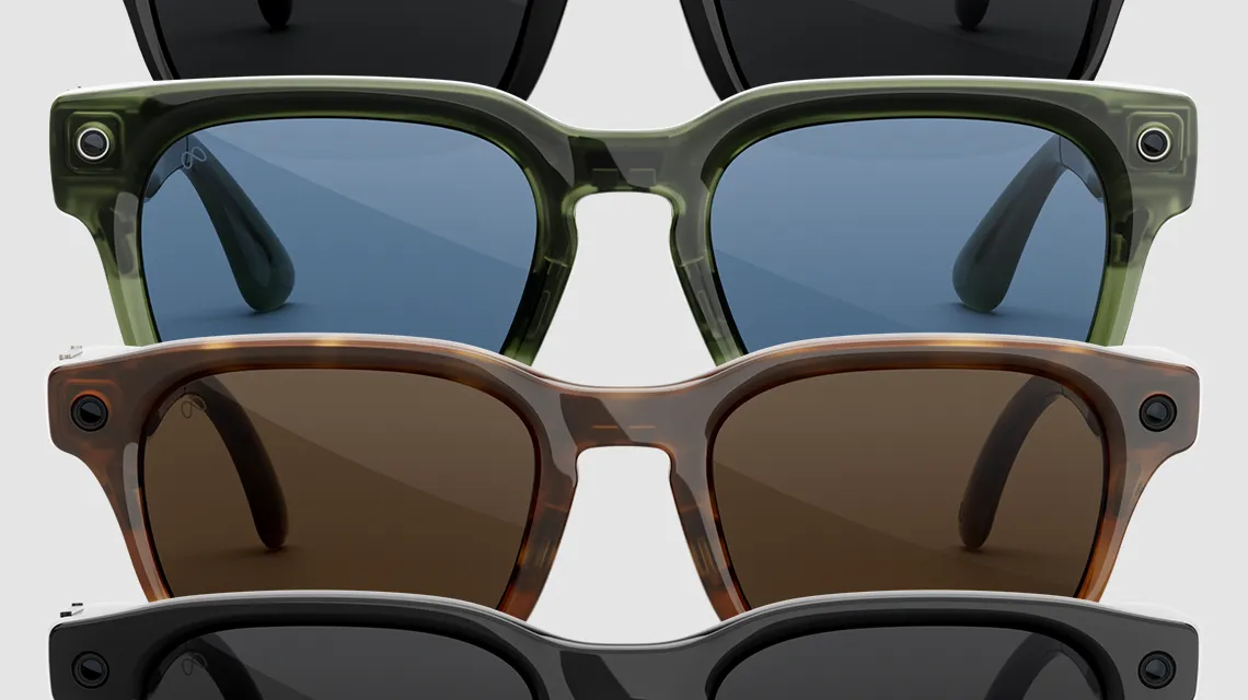 Drei Meta Glasses in schwarz, havanna und oliv übereinander gestapelt