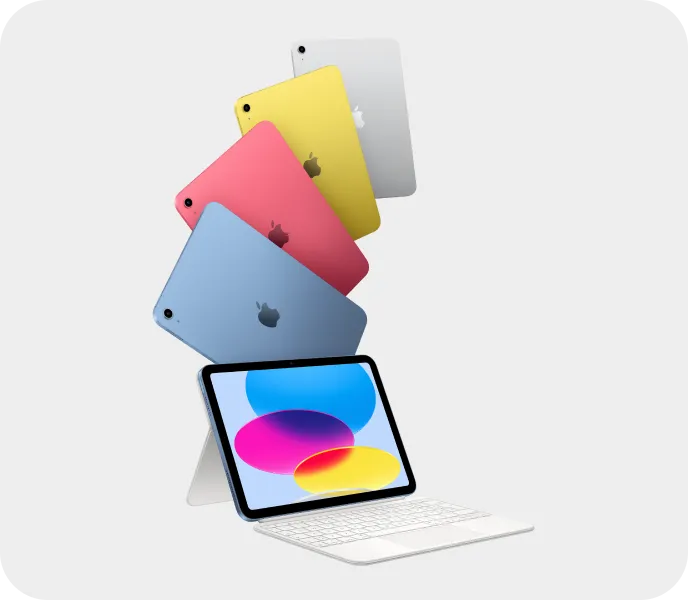 iPad in Blau, Rosa, Gelb und Silber aufgefächert, darunter ein iPad mit Magic Keyboard