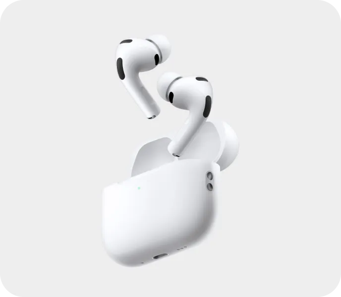 AirPods Pro 3 in Weiß schweben über dem geöffneten Ladecase
