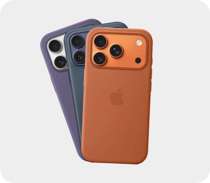 Drei iPhone MagSafe Cases in Lila, Petrol und Orange aufgefächert