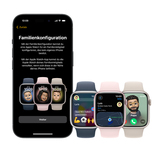 iPhone mit Einrichtungsbildschirm der Familienkonfiguration. Drei Apple Watches zeigen verschiedene Funktionen. Eine Watch eingerichtet für Opa, zeigt iMessage Konversation. Eine Watch eingerichtet für Mama zeigt Standort von Kind Luis. Eine Watch eingerichtet für Kind Luis zeigt eingehenden Anruf von Papa.