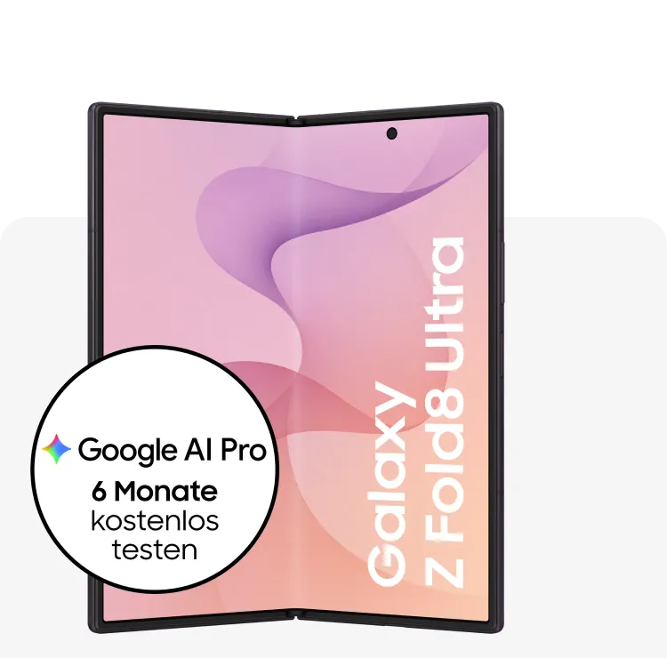 Produktbild eines Samsung Galaxy Z Fold8 Ultra Smartphones mit Hinweis Google AI Pro 6 Monate kostenlos testen.