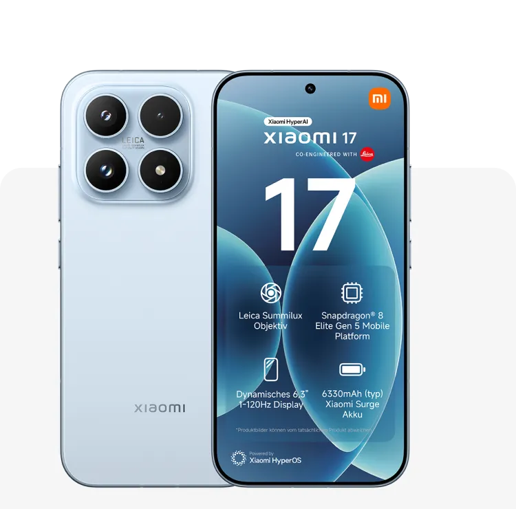 Xiaomi 17 in Ice Blue, Vorder- und Rückansicht mit Leica Kamera