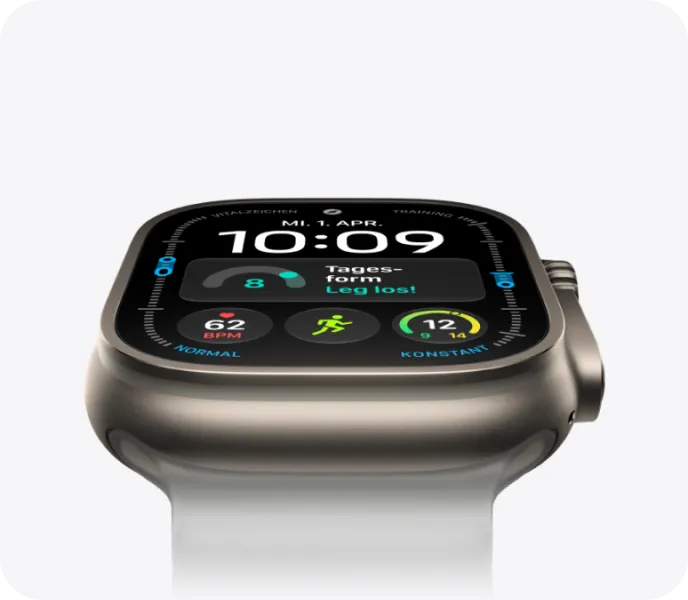 Apple Watch Ultra 4 aus Titan mit weißem Armband, seitlich angeschnitten mit Trainings-Zifferblatt