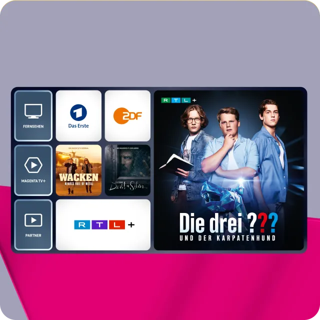 MagentaTV Benutzeroberfläche mit TV-Sendern und der Serie Die drei ??? auf dem Fernseher