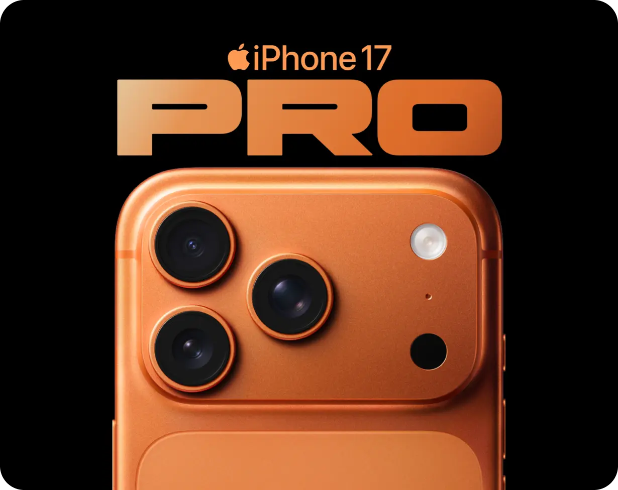Rückansicht des iPhone 17 Pro in Cosmic Orange mit allen drei 48-MP-Kameras.