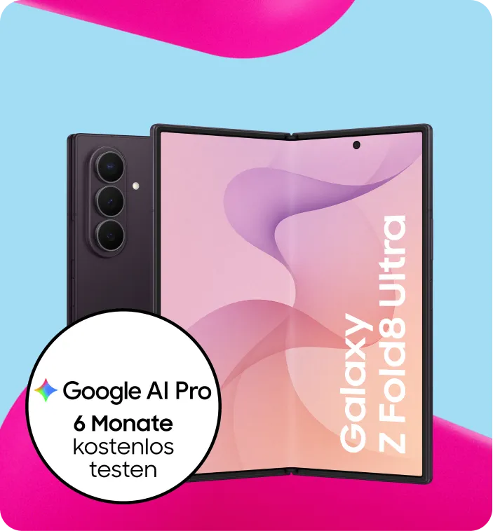 Produktbild eines Samsung Galaxy Z Fold8 Ultra Smartphones mit Hinweis Google AI Pro 6 Monate kostenlos testen.