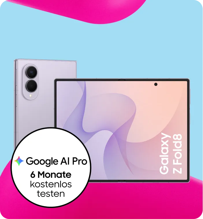 Produktbild eines Samsung Galaxy Z Fold8 Smartphones mit Hinweis Google AI Pro 6 Monate kostenlos testen.