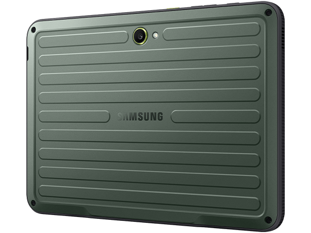 Samsung Galaxy Tab Active5 5G Pro Enterprise Edition Rückseite desTablets, dunkelgrüne geriffelte Oberfläche mit „Samsung“-Logo und eine Kamera.