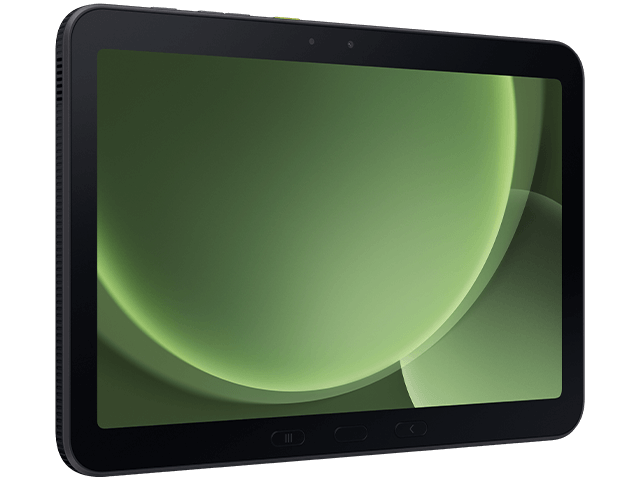 Samsung Galaxy Tab Active5 5G Pro Enterprise Edition Frontansichtdes Tablets mit schwarzem Rahmen in der Farbe Green, drei Hardware-Tasten