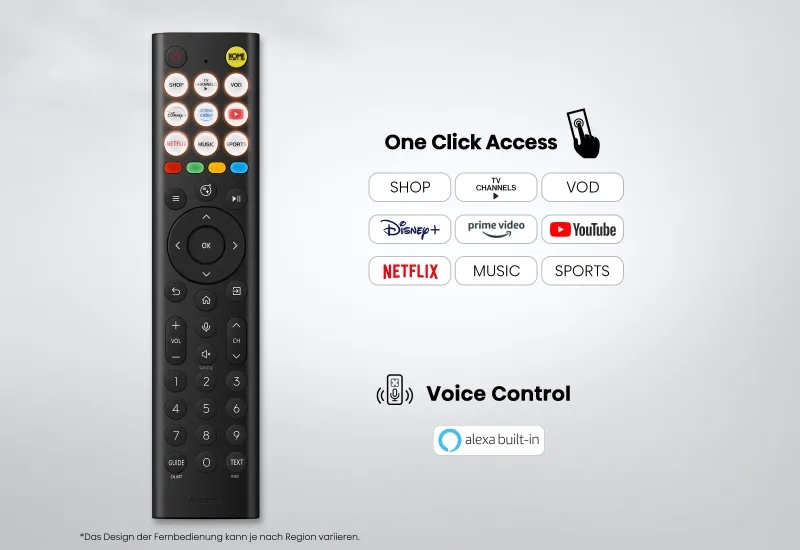 One Click Access - SHOP, TV Channels, VOD, Disney+, prime video, YouTube, Netflix, MUSIC & SPORTS - alexa built-in